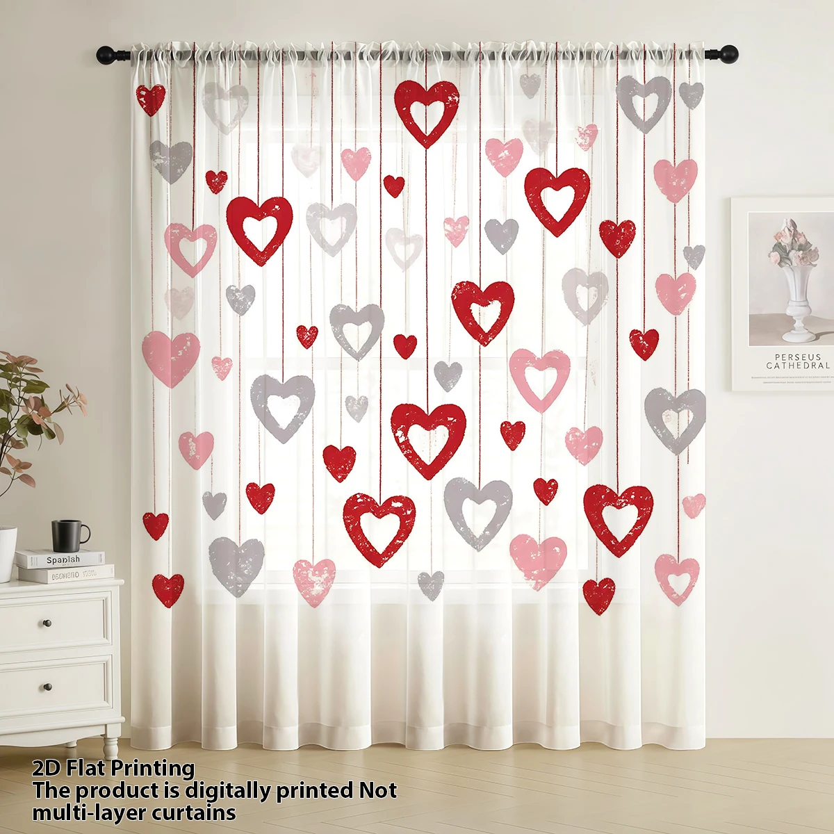 1 PC Red Heart Print Sheer Curtain, Mother's Day 70% Light Filtering Privacy Sheer Curtain for Living Room Bedroom Study, Remova - view 5
