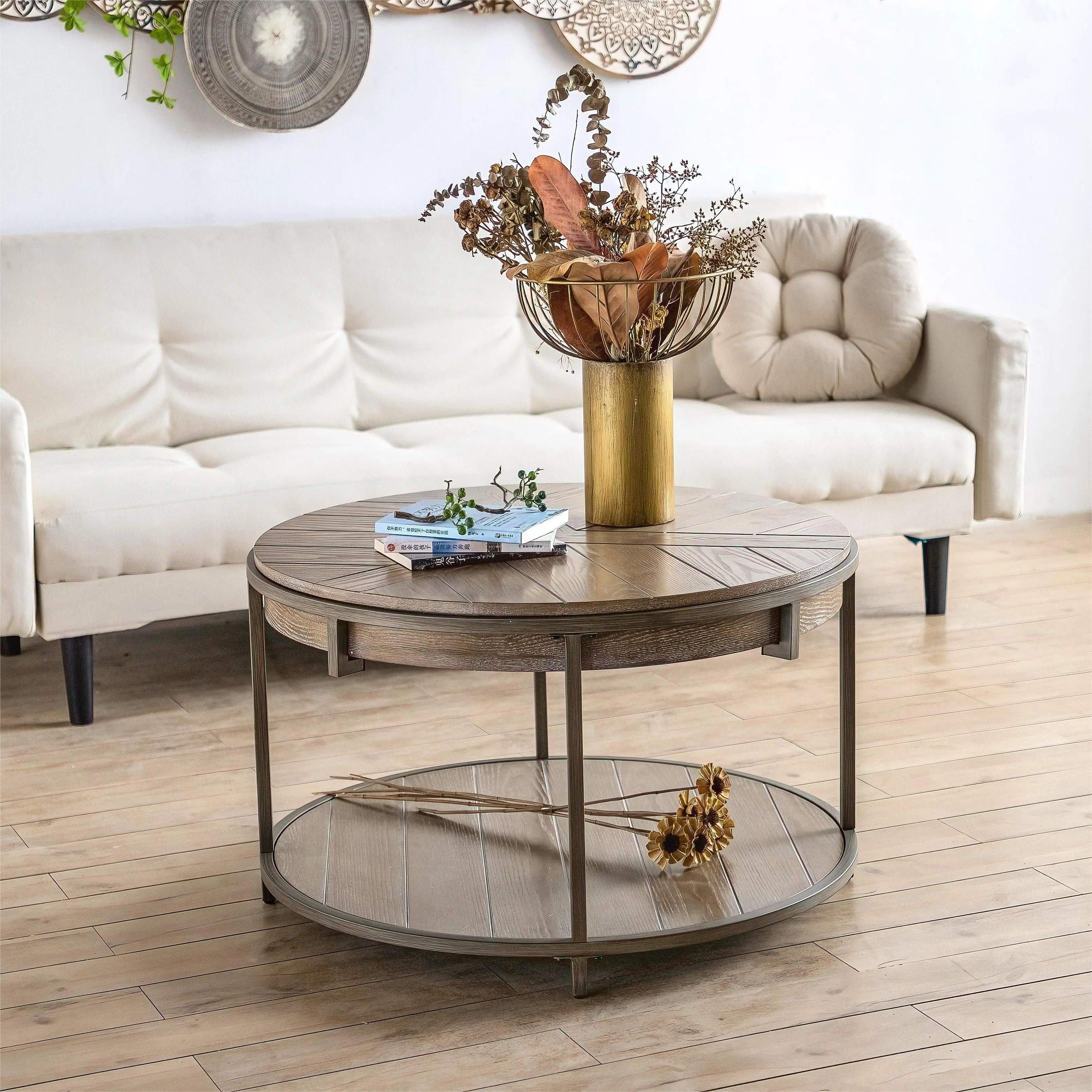 Round Coffee Table for Living Room, 2-Tier Circle Coffee Table with Large Storage,