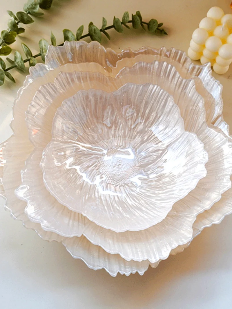 Luxury Flower Glass Plate, Dinner Plate, Pearl Fruit Plate, Snack Holder, Jewelry Storage Tray, Trinket Dish