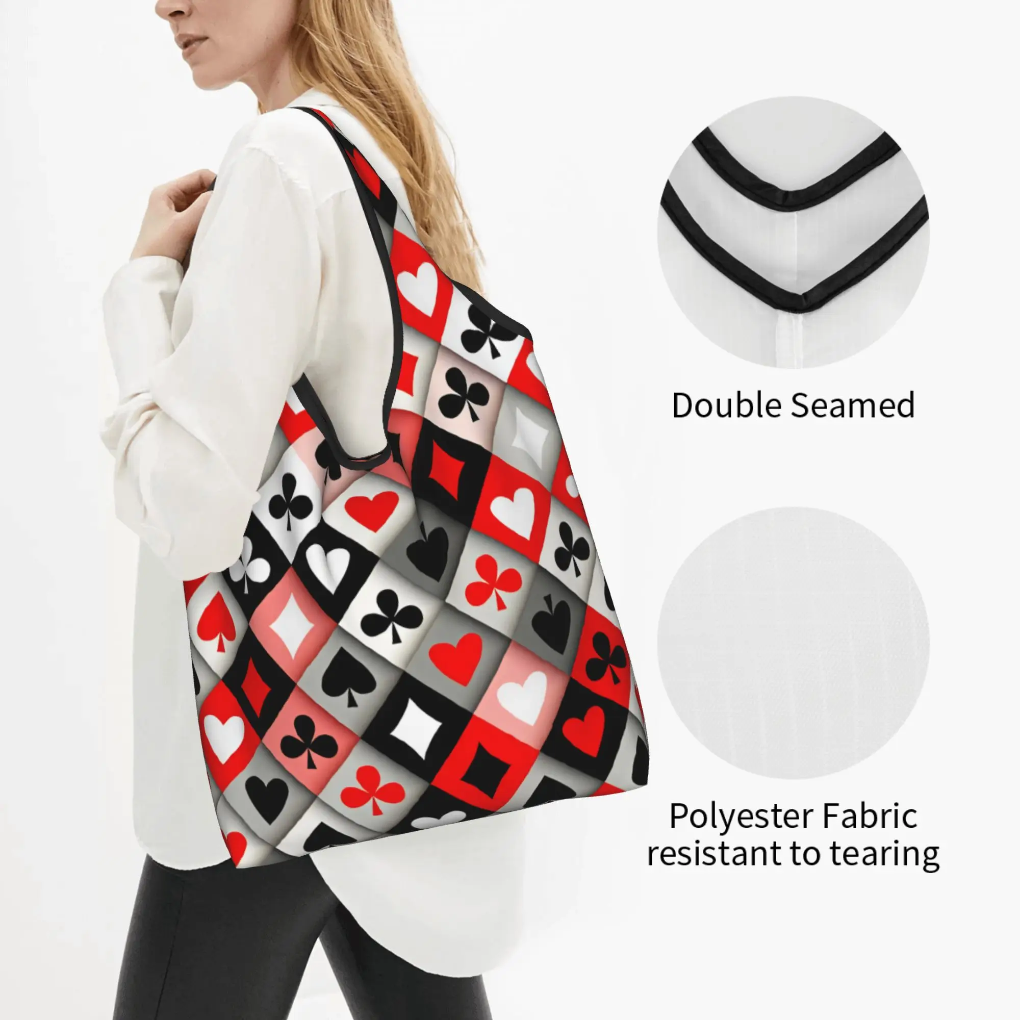 Fashion Printed Poker Spades Geometric Checkerboard Shopping Tote Bag Portable Shopper Shoulder  Hearts Clubs Diamonds  Handbag