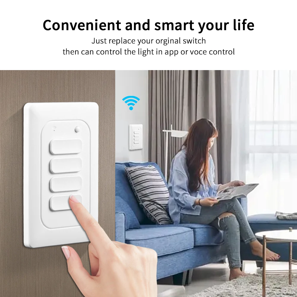 Tuya WiFi Smart Light Switch Push Button Wall Switch No Neutral Wire US Smart Life 1-4 Gang Voice Control Alexa Google Home