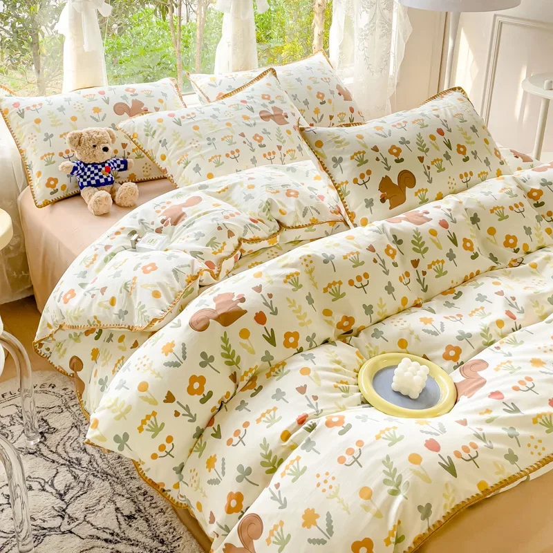 Soft Quilt Cover Sheet Set Pastoral Girls Flower Bedding Sets Washed Cotton Bed Linens Simple Bedspread Home Textiles