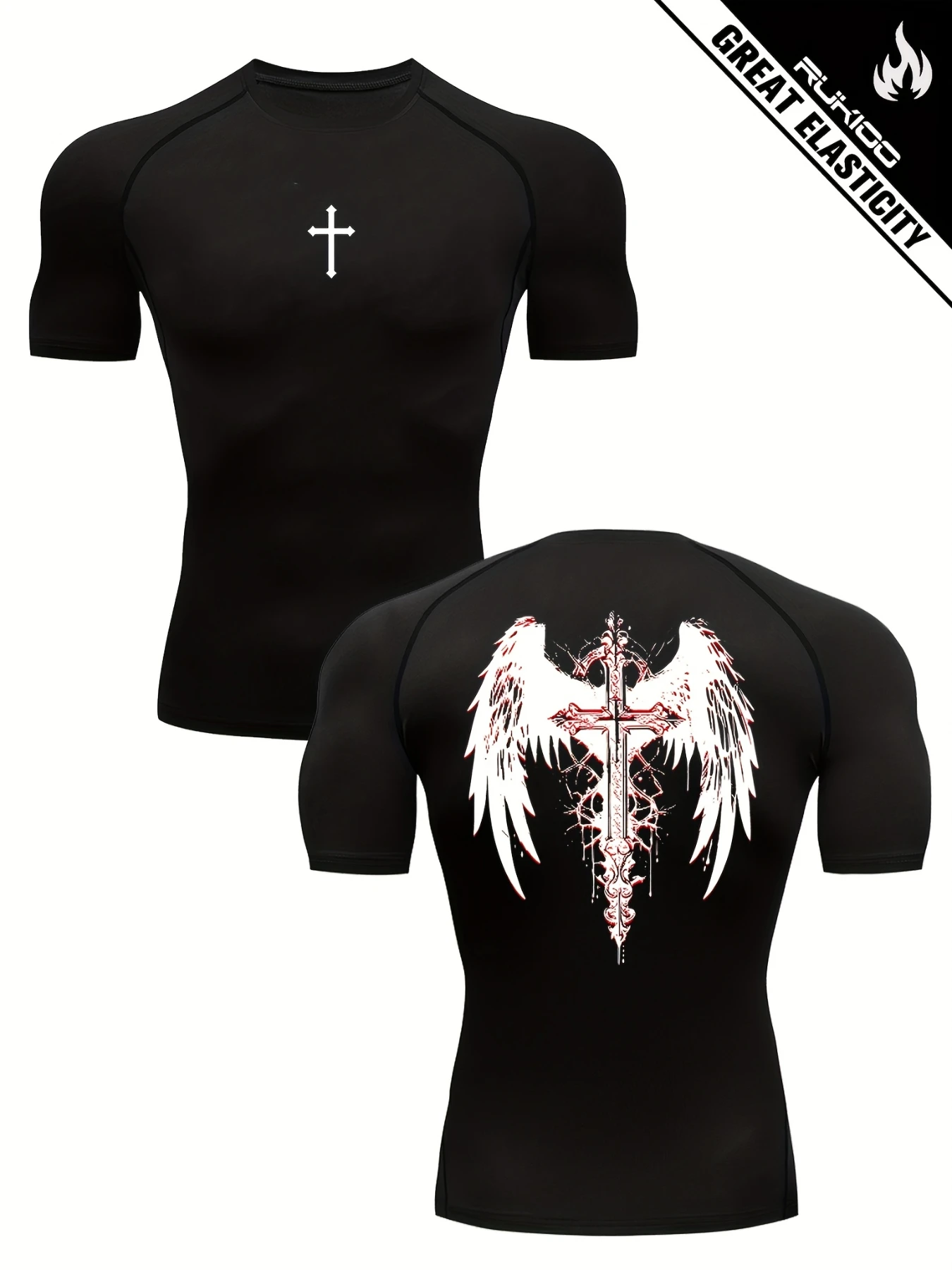 

Men's Workout Compression Shirt - Cross & Wings Graphic Design, Breathable High-Stretch Elastic Gym Tee, Tight-Fit