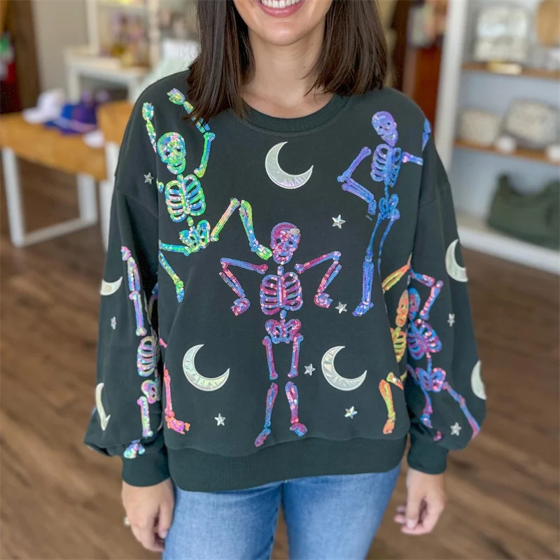 Womens Halloween Sequin Dancing Skeleton Graphic Sweatshirts Shirts Long Sleeve Sparkly Skull Ghost Pullover Oversized Sweaters