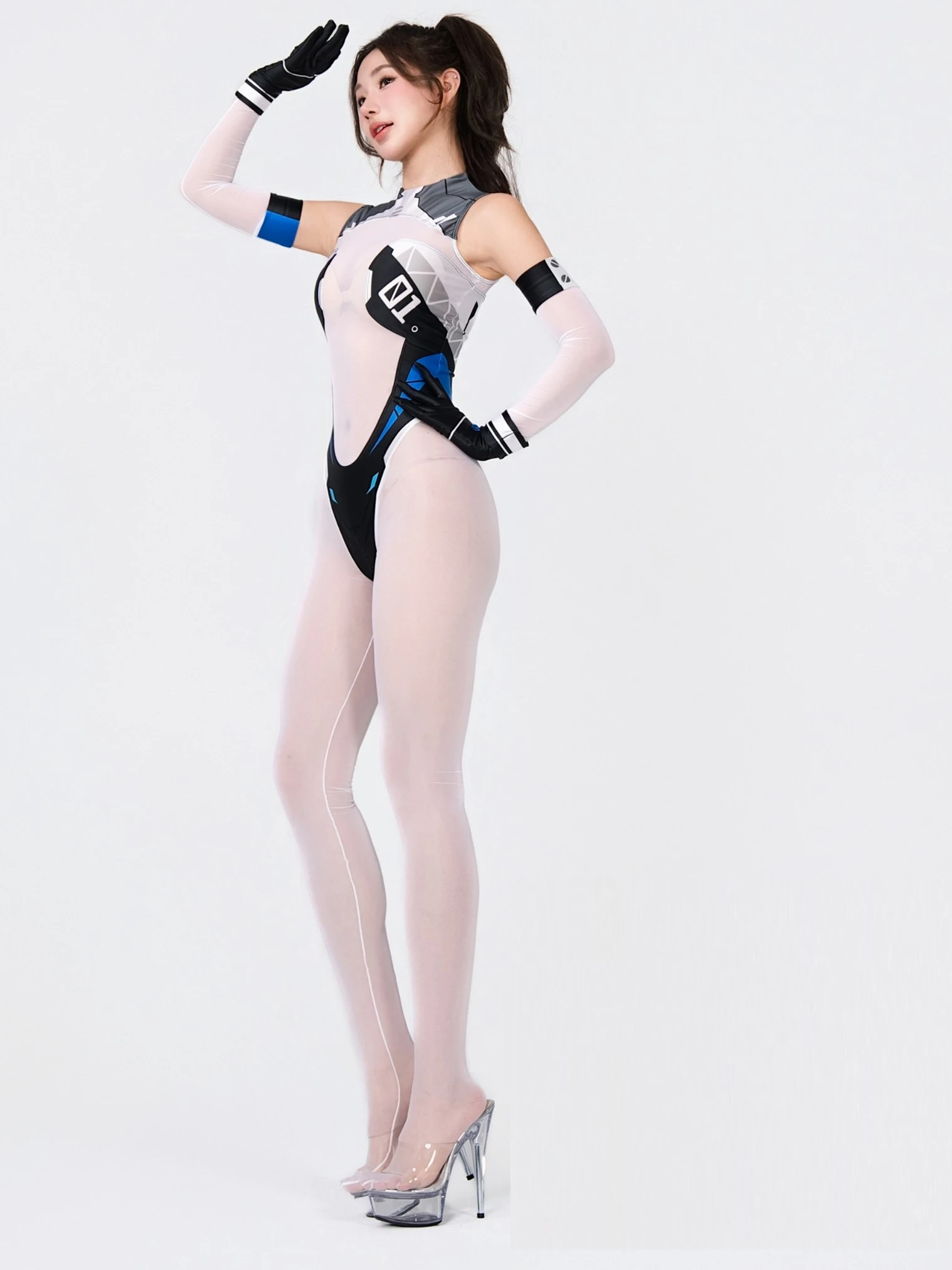 Women Sleeveless Cyberpunk Mecha Bodysuit Wet Look Oil Gloss Patchwork Printed Jumpsuit Futuristic Cosplay Clubwear Swimsuit view 5