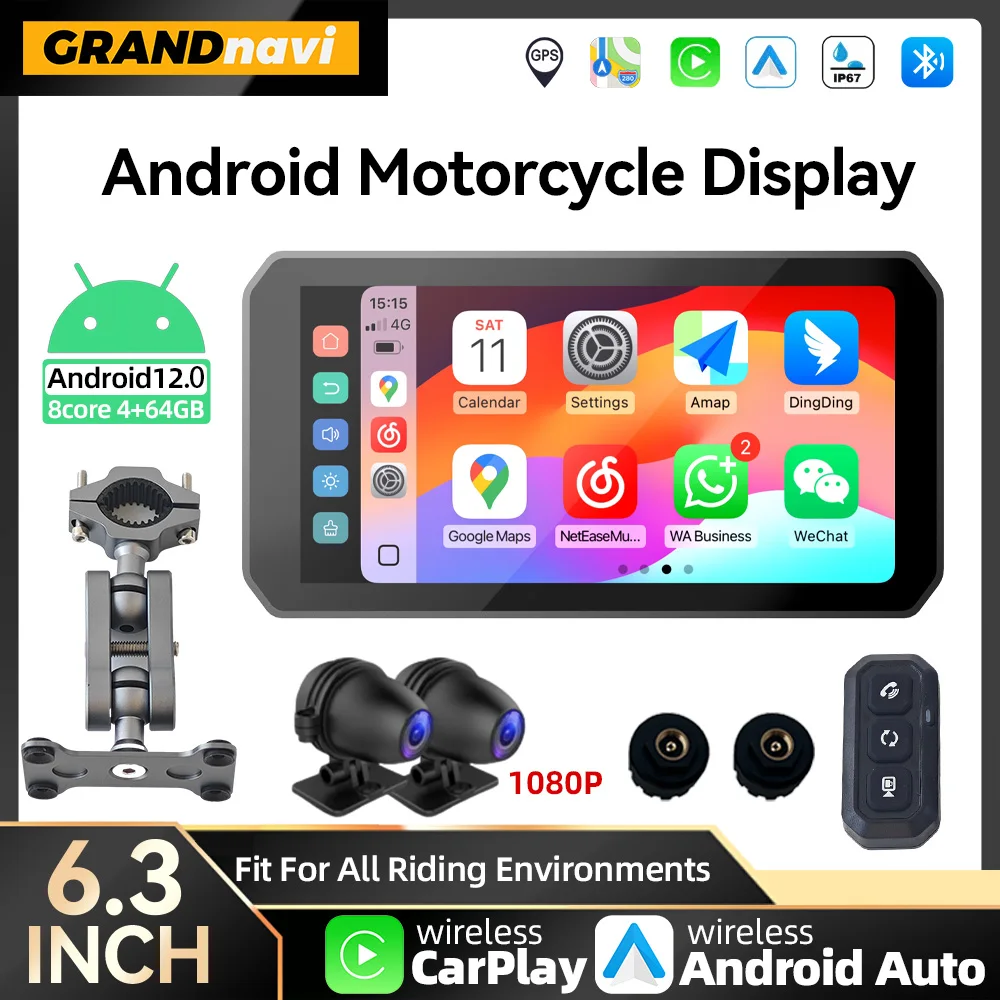 6.3 بوصة أندرويد 12 المحمولة دراجة نارية DVR IPS عرض نظام تحديد المواقع اللاسلكية CarPlay أندرويد السيارات الجبهة الخلفية كام TPMS IP67 دعم جوجل #1