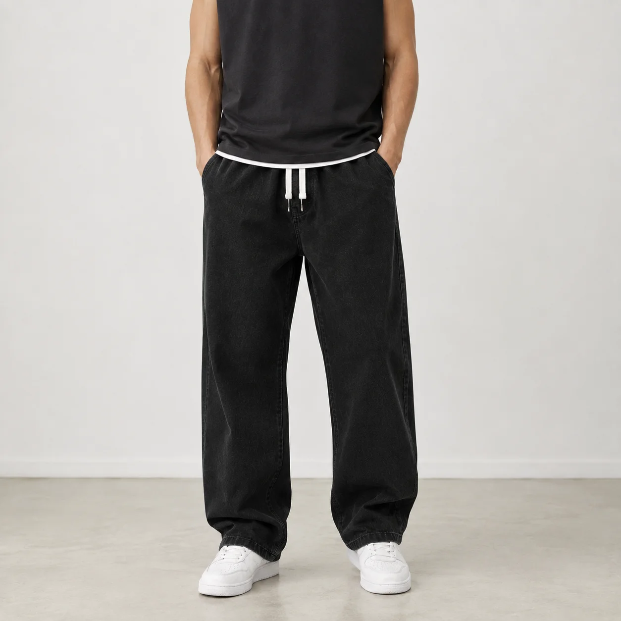 New Korean Style Jeans Men Loose Straight Wide Leg Denim Pants Autumn Winter Casual Streetwear Drawstring Trousers Black Blue