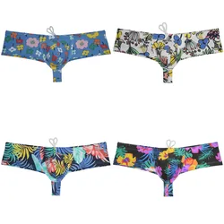Men Print Drawsting Swimwear Cheeky Swim Thongs Supportive pouch Boxer Shorts Quick-drying Stretchy Bikini Trunks Hipster Briefs