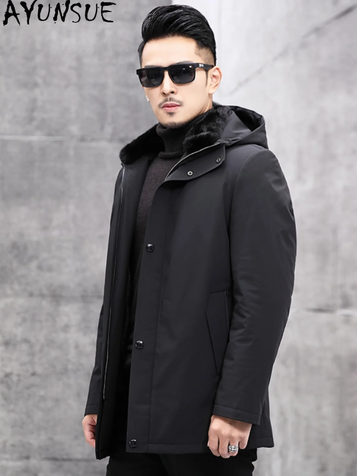 AYUNSUE Luxury 2025 Natural Fur Parkas Men Winter Mid-length Real Fur Coat Hooded Detachable Whole Cross Mink Fur Liner Jacket