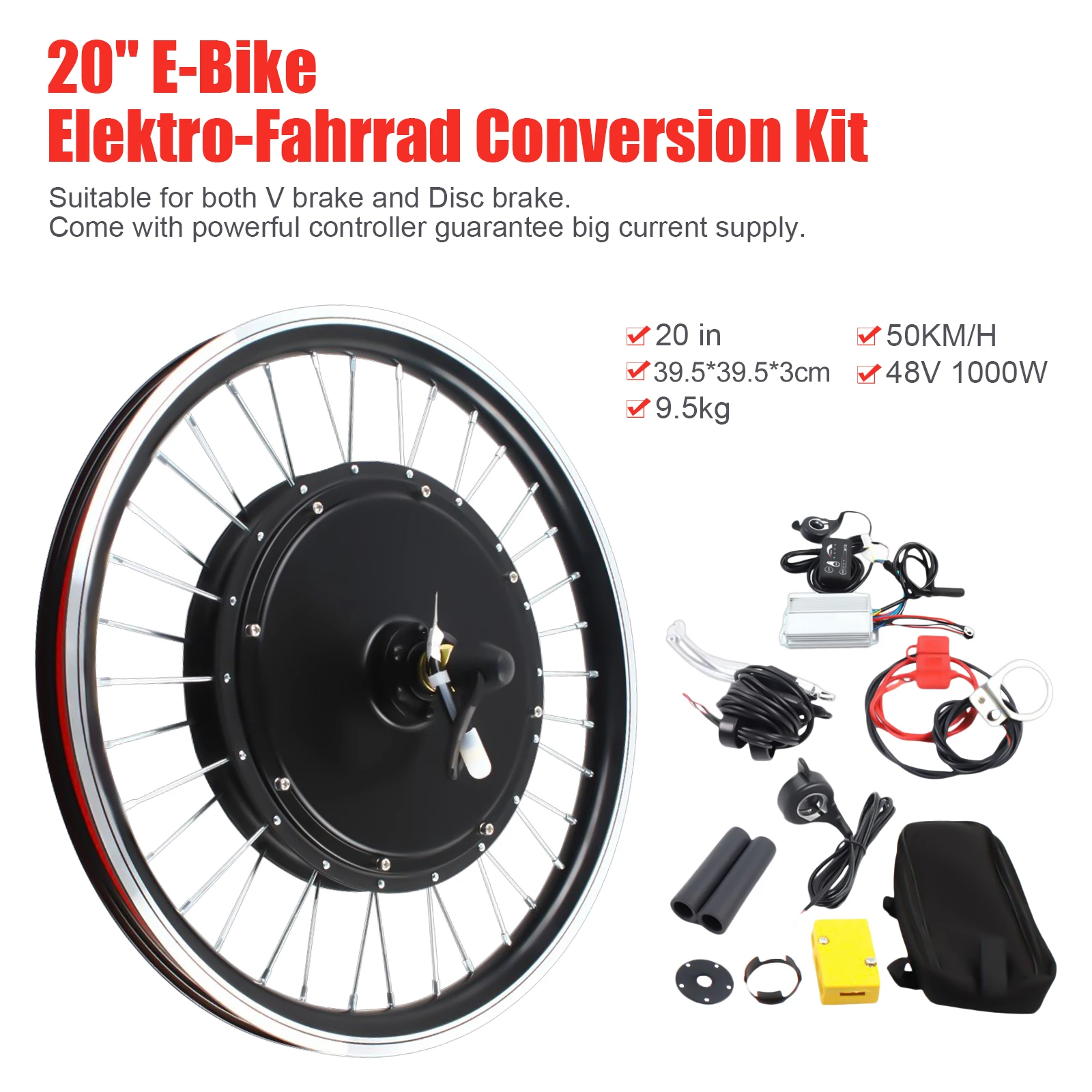 20-дюймовый комплект для переоборудования колес, 1000 Вт, 440 об/мин, светодиодный дисплей из алюминиевого сплава, индикатор заряда батареи, 3-скоростная регулировка для переднего велосипеда