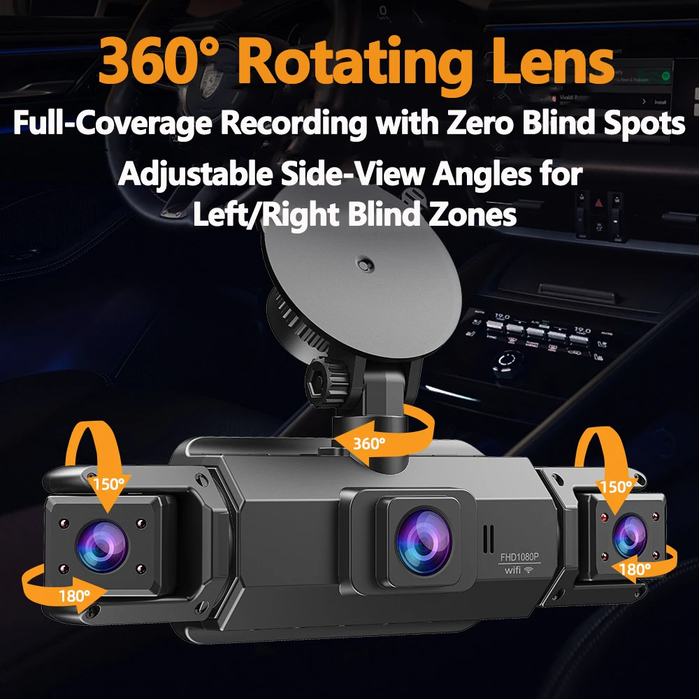 كاميرا داشكام 4 قنوات واي فاي كاميرات لوحة أجهزة تسجيل فيديو رقمي للسيارات لصندوق السيارة الخلفي وضع وقوف السيارات 24 ساعة كاميرا أمامية وخلفية داخلية 360 داش #3