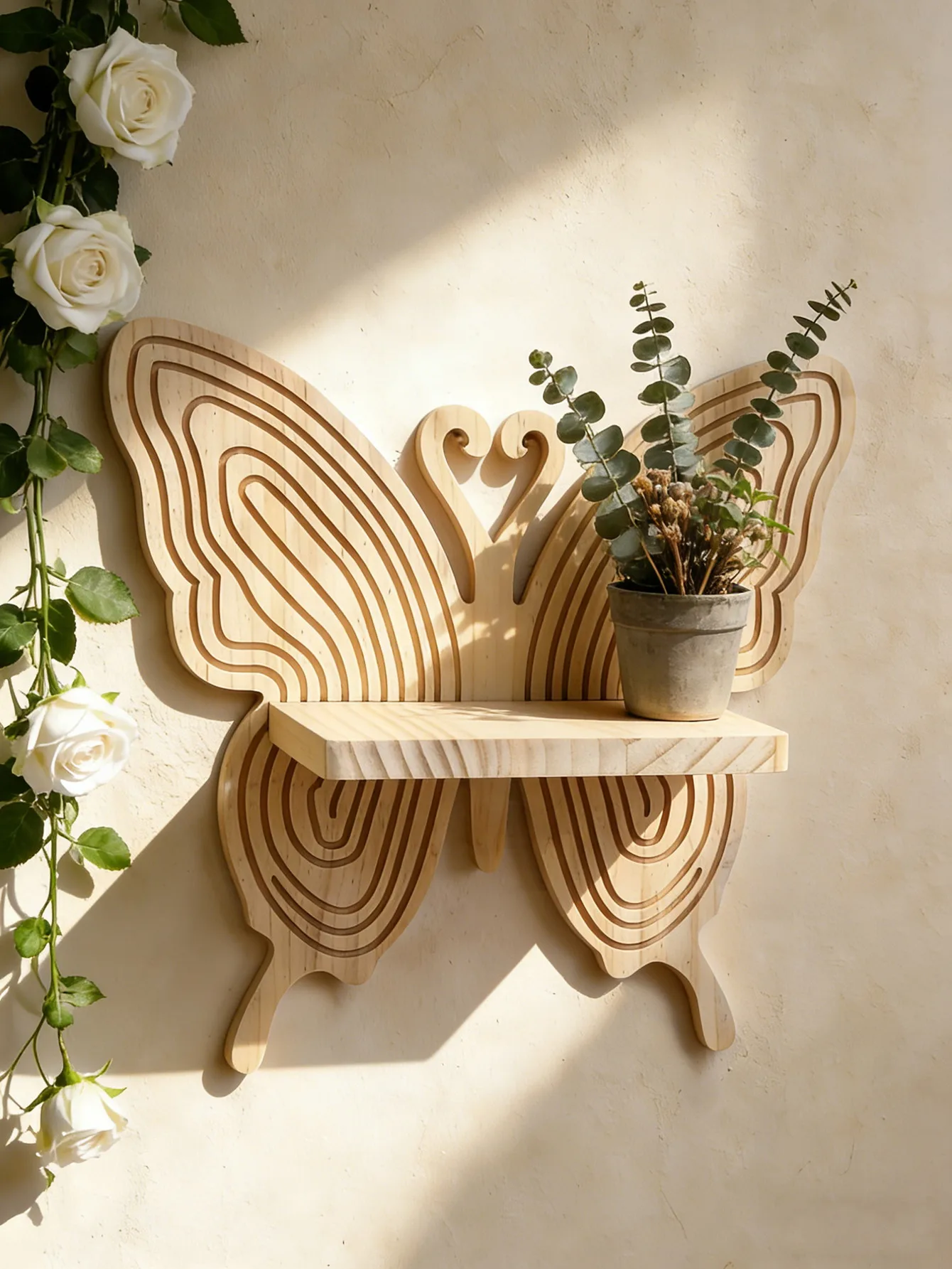Butterfly Shaped Wooden Wall Shelf Rustic Floating Shelves Natural Wood Wall Mounted Storage Rack for Display Plant & Home Decor