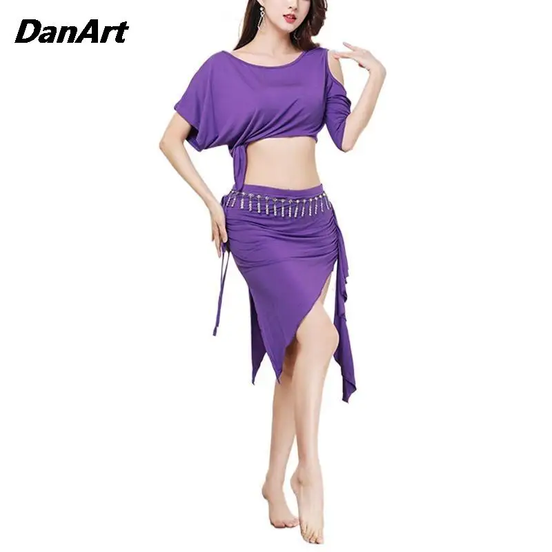 Conjunto de trajes de práctica de actuación de escenario de danza del vientre Oriental para mujer, Mangas de murciélago grandes, Top y falda elegante, traje de entrenamiento para adultos