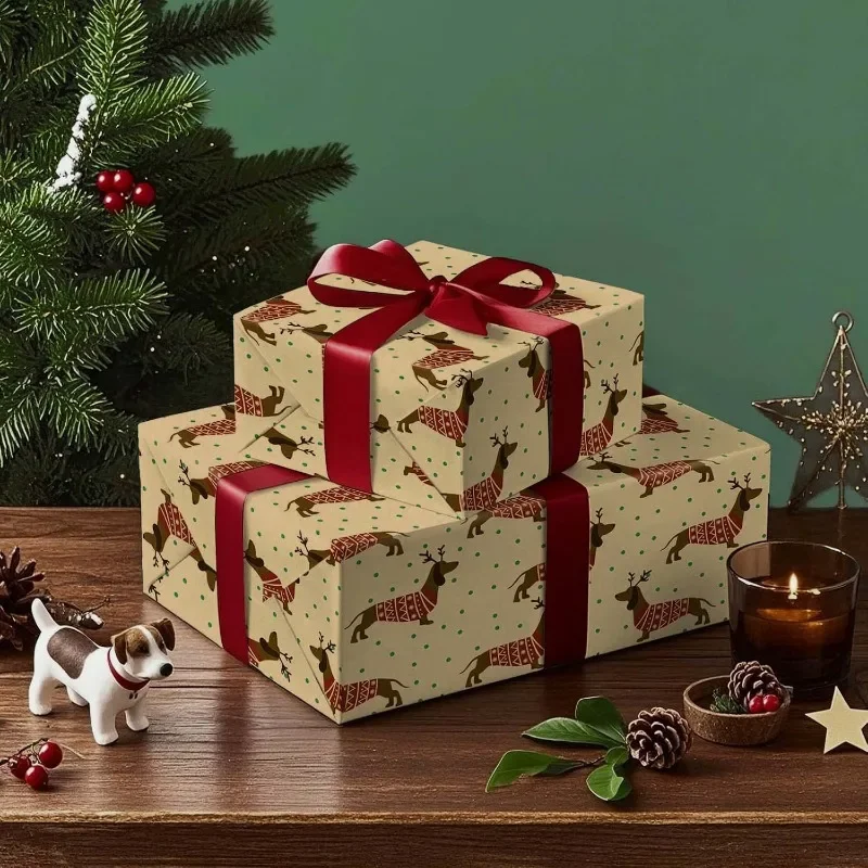 Christmas Wrapping Paper Roll - Kraft Gift Wrap With Dachshund Dogs In Sweaters, Snowflakes, For Pet Lovers, Holiday Packaging