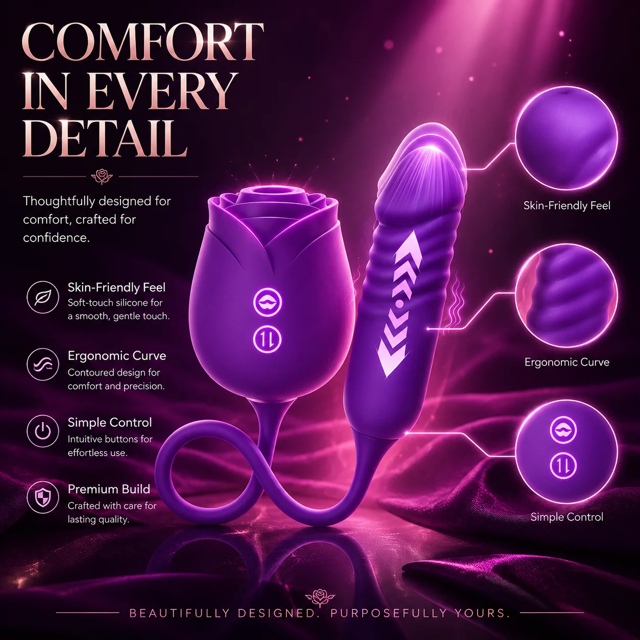 Rose Shaped Couples Vibrator for Women, Wearable Dual Stimulation Adult Toy, Soft Silicone Flexible Link Intimate Massager, Easy Control Self Care Gift view 7