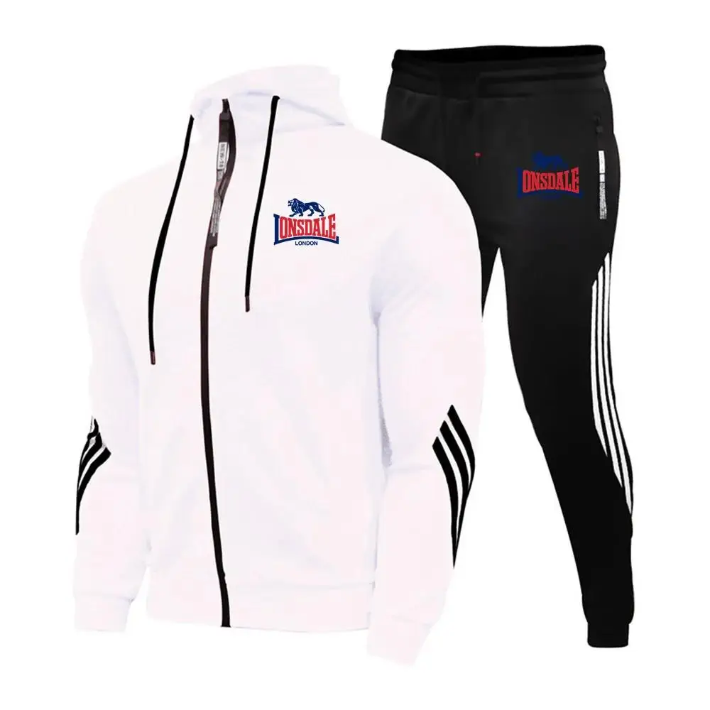 LONSDALE Men\'s Suit Is Comfortable Warm In Autumn Winter Business Leisure Collar Zipper Coat+Trousers Sweatshirt