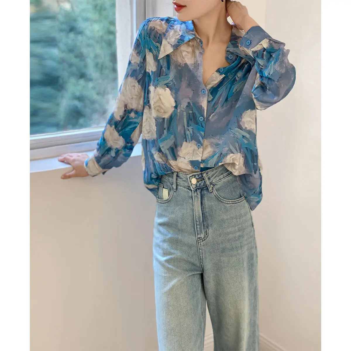 2023 New Spring Fashion Printing Turn-down Collar Long Sleeve Blouse Women Clothing Street Casual Buttons Loose Shirts Femme