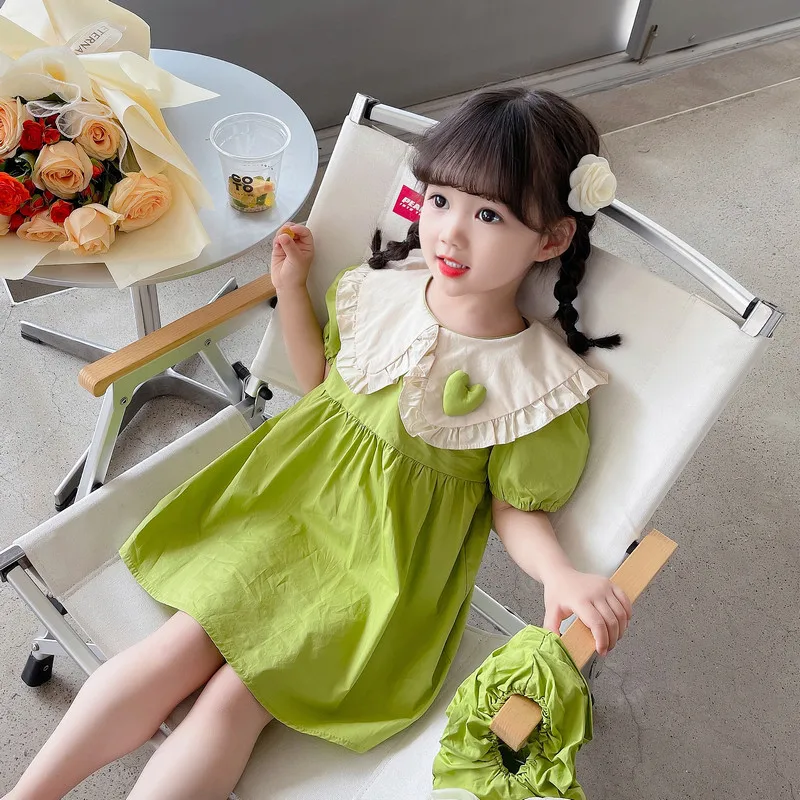 

Preppy Style Girls Dresses 2023 Summer New Cute Heart Decoration Cotton High Quality Princess Dress With Bag