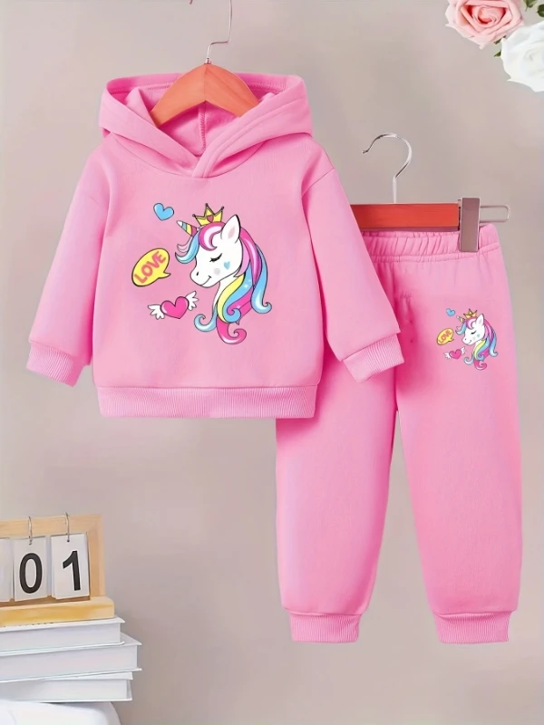 Spring Autumn Baby Girl's Cartoon Print Hooded Fleece Long Sleeve Sweatshirt And Pants Cute Two-Piece Set for Toddlers