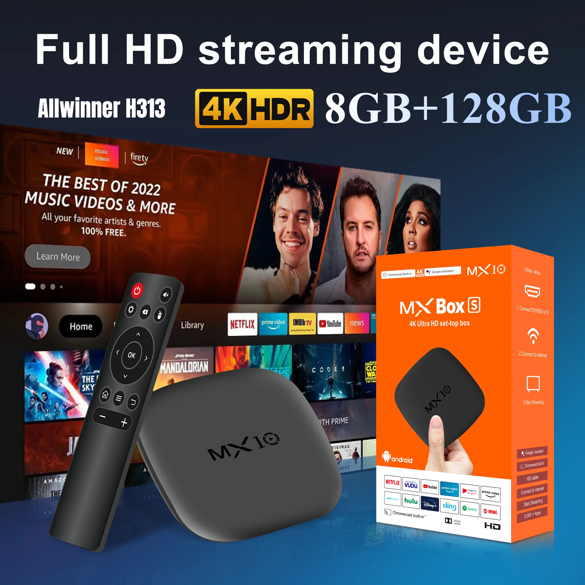 4K Streaming TV Box MX10‑H Android 13 Allwinner H313 8GB RAM 128GB EMMC Flash 2.4G 5G WiFi BT5.4 Voice Control Media Player