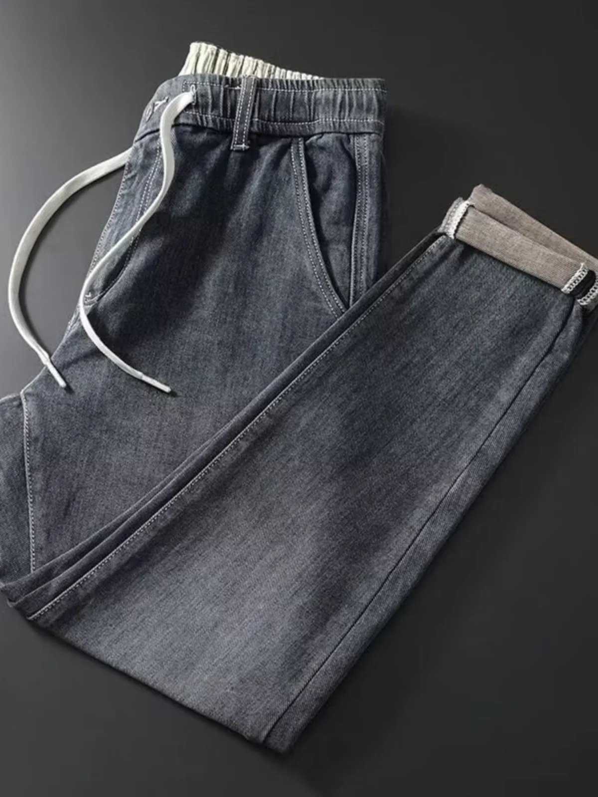 

Джинсы с эластичной резинкой на талии, мужские эластичные облегающие брюки с расклешенным низом, весенне-осенние свободные повседневные длинные брюки для подростков