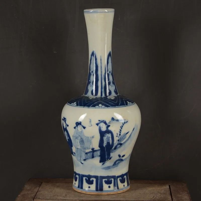 Chinese Blue and White Porcelain Qing Kangxi Figure Pattern Vase 9.84 inch Rattle Zun
