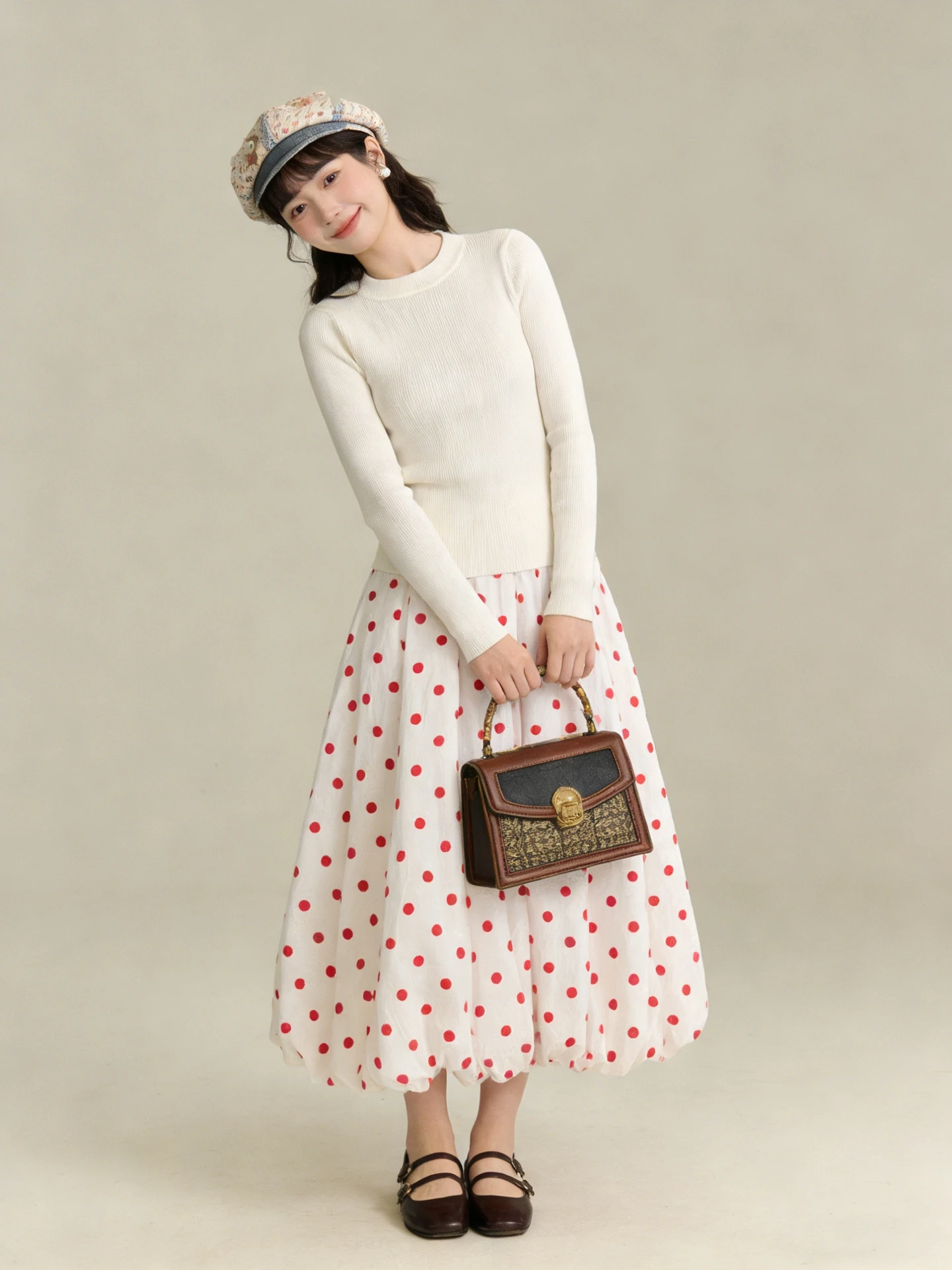 

Red Polka Dot A-Line Skirt with Elastic Waist And Large Flounce Sle Spring Summer Autumn High Waist Pleated Girl's S...