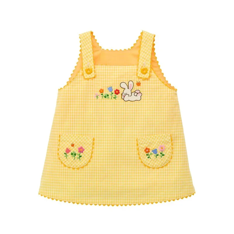 Summer Girls Plaid Overall Dresses Cute Lucky Rabbit Flower Embroidery Baby Cartoon Sleeveless Suspender  Baby Girl Dress
