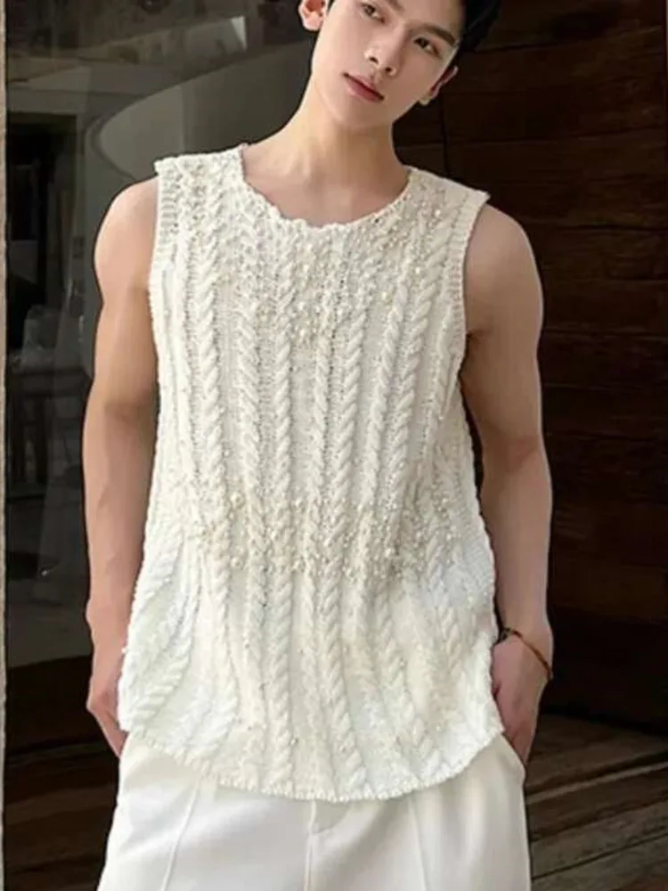 French Male Knitted Vest Fashionable Bead Decoration Sleeveless Tank Top Summer New Trendy Sleeveless Tops Casual AVR7