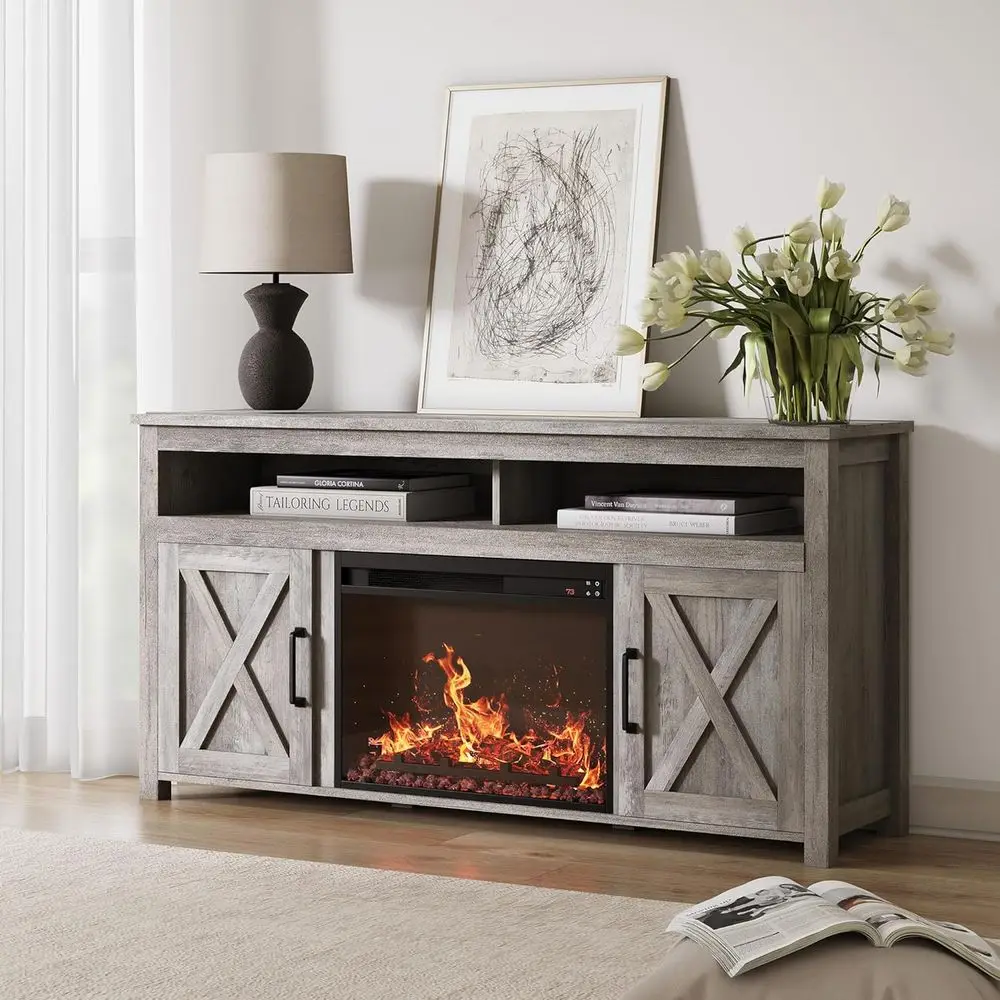 Gray Wash Corin Electric Fireplace TV Stand for TVs up to 65 with Open Shelves and Cabinet, Media Entertainment Center