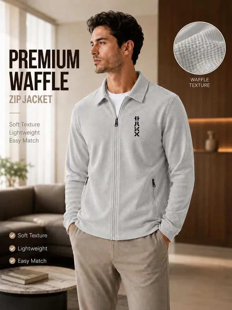 Men's Fashion Waffle Lapel Zip Up Jacket with Logo Spring Autumn Premium Casual Cardigan Coat Versatile Daily Outerwear 4 Colors