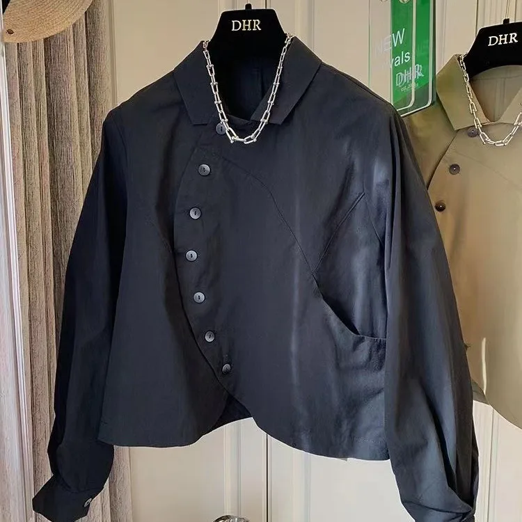 Spring and Autumn New Retro Western Style Short Side Curved Button Shirt with Flip Collar Long Sleeve Cotton Loose Shirt