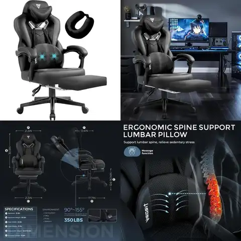 Silla de juegos reclinable de masaje ergonómica para adultos: silla de ordenador de escritorio de oficina resistente con reposapiés para mayor comodidad