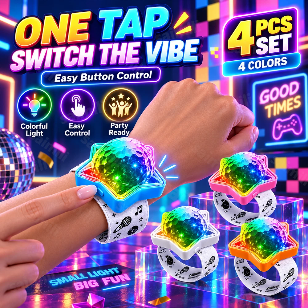 4‑Pack Sound Activated Wrist Disco Bracelet Light Rechargeable RGB Projection Lamp 360° Rotatable For Festival Dance Party Club