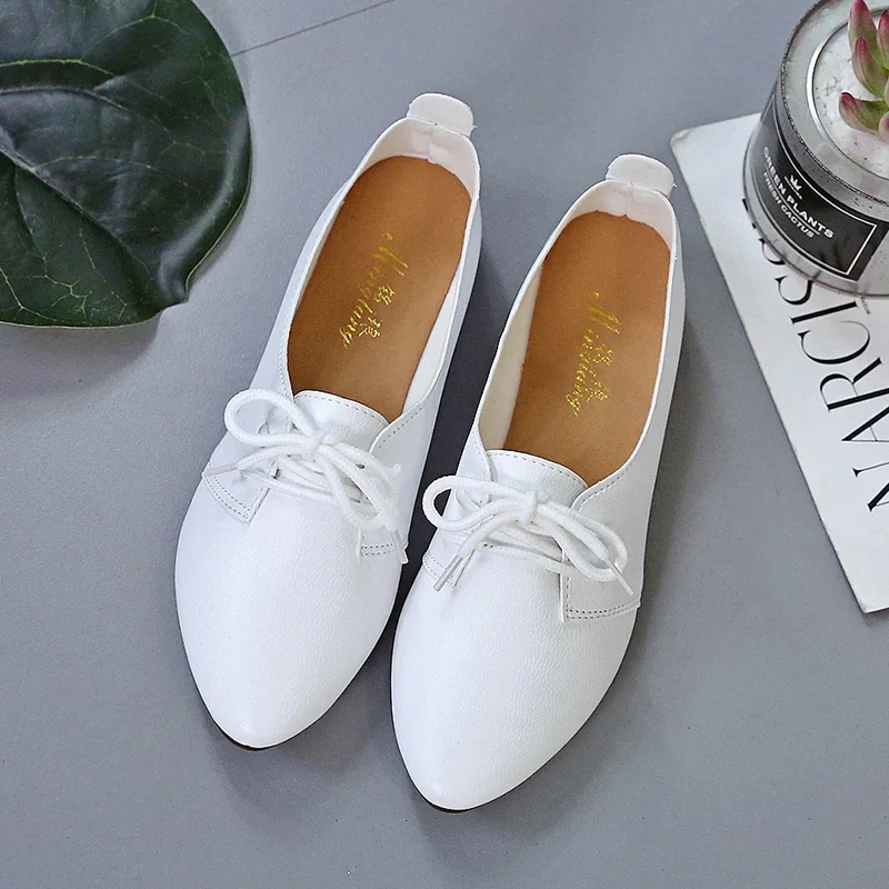 PU Pointed Toe Casual Flats 2023 High Quality Solid Shoes Female Spring/Autumn Lace-up Basic Flats Zapatos Planos Para Mujeres