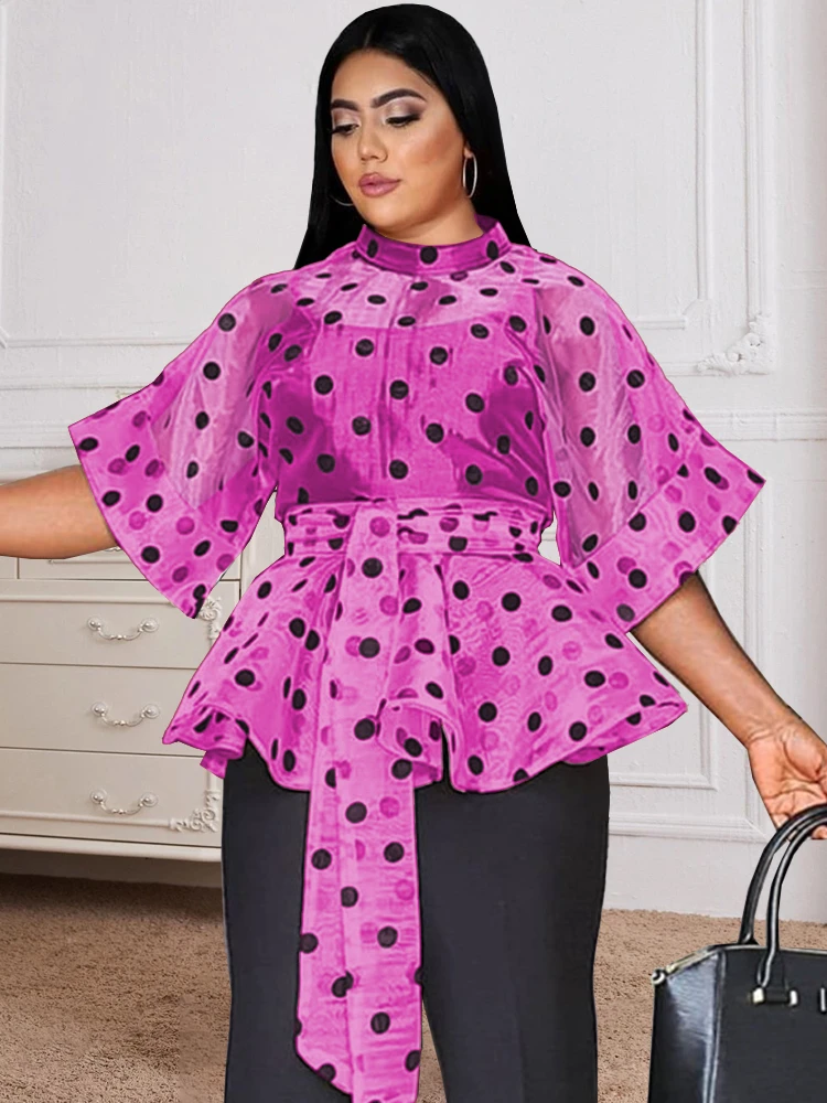 Sexy See Through Tops 3/4 Sleeve Black Polka Dot Organze White Orange Women Blouse Evening Party Plus Size Shirt Tops with Belt