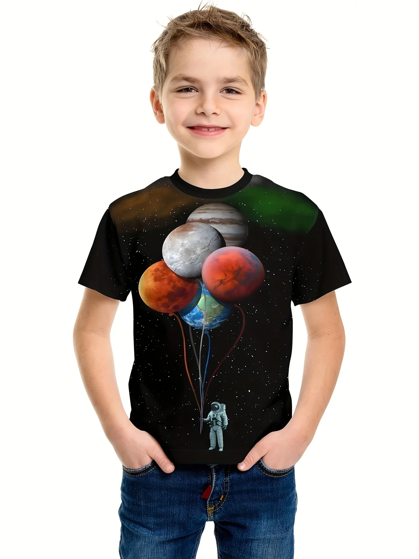 

Astronaut And Planet Balloons 3d Print Boy's T-shirt, Casual Short Sleeve Breathable Comfy Summer Outdoor Tops _ Don't Miss Thes