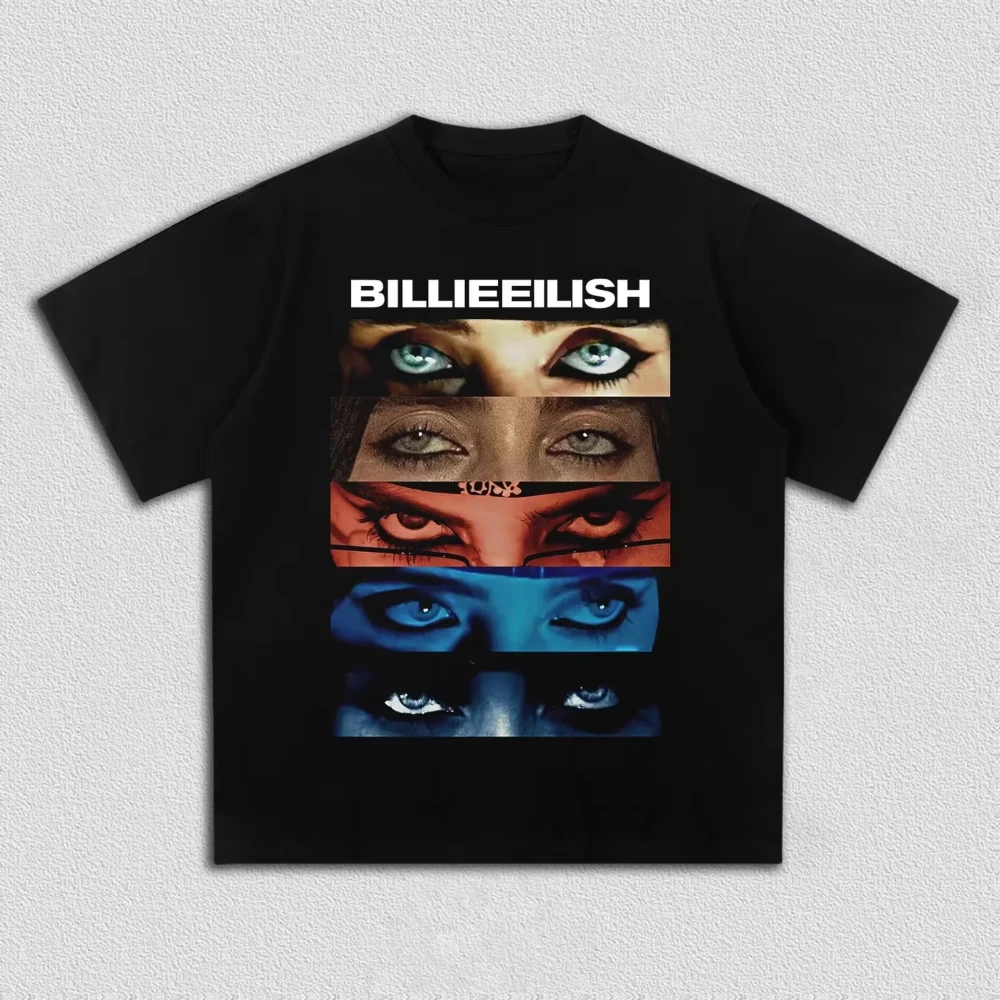 2026 Unisex Trending Billie Eilish Pop Singer T Shirt Collage Eyes Art Portrait Front Print Cotton Streetwear Tee For Music Fans
