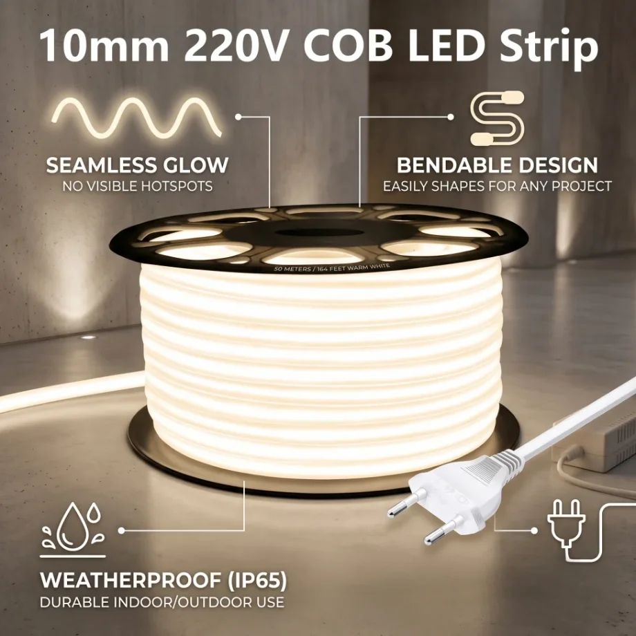 COB LED Flexible Tape 10mm Lens 220V IP65 Waterproof Silicone Tube With EU plug for Home Outdoor Garden Courtyard Lighting