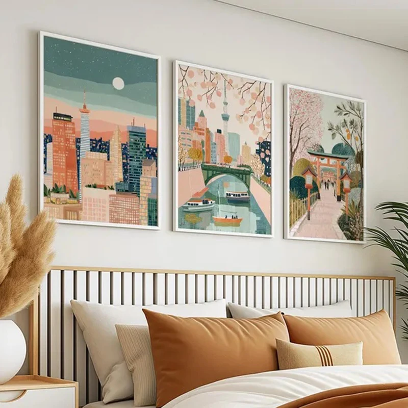 3pcs frameless Canvas Painting 3pcs Tokyo Japan Frameless Canvas Printed Posters Art, Vintage Travel Illustration, Retro Skyline