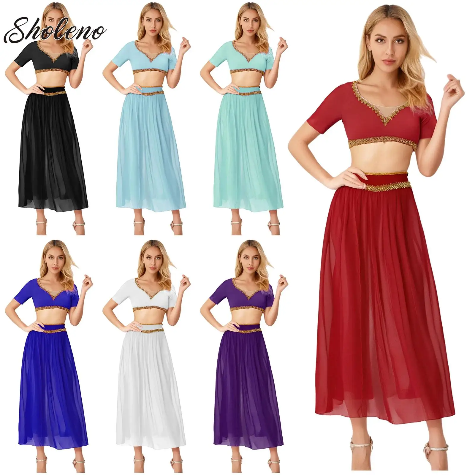 

Womens Oriental Indian Belly Dance Outfits Halloween Jasmines Arab Princess Cosplay Costume Crop Top And Split Mesh Skirt Suits