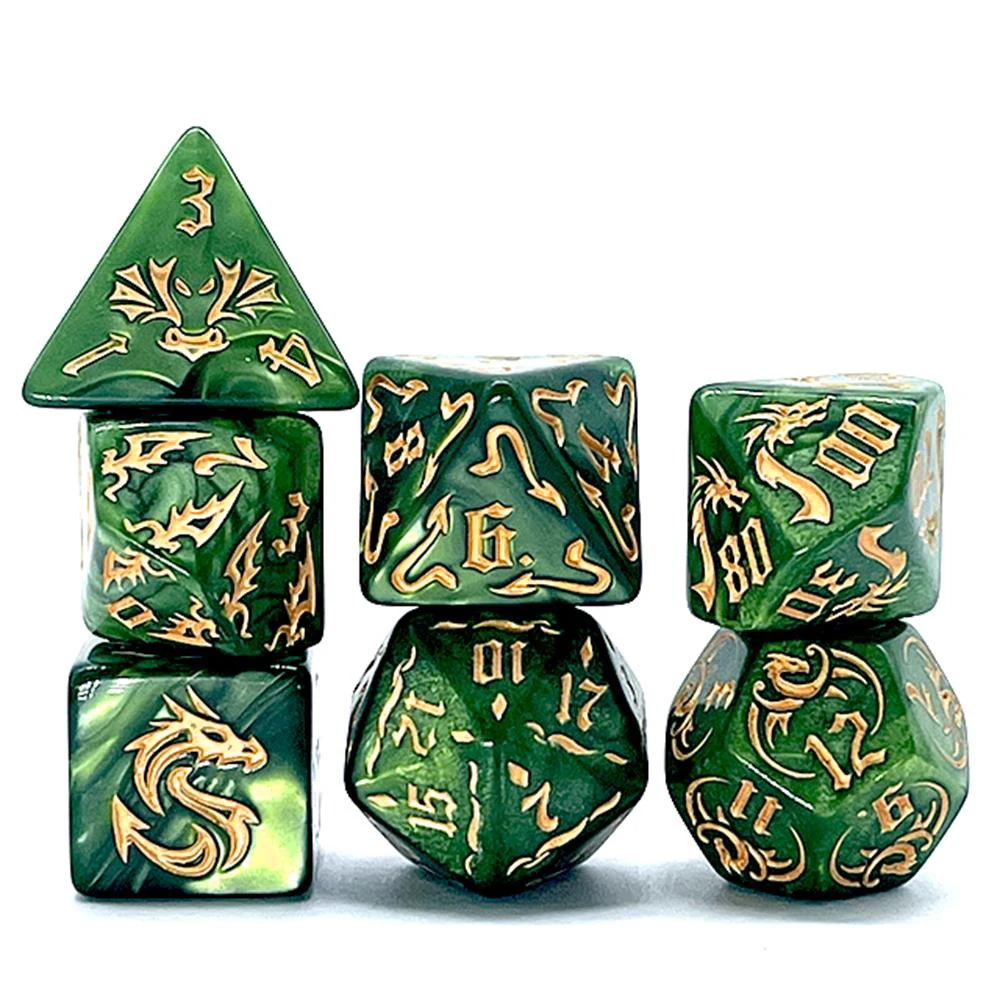 7Pcs Green Swirl Acrylic DND Dice Set Gold Embossed Dragon Pattern Polyhedral RPG Dice For Tabletop Role Playing Board Game Acce