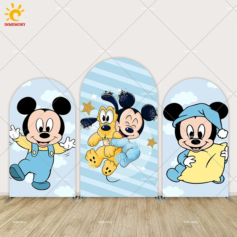 الأزرق ميكي ماوس الصبي استحمام الطفل مقوس جدار خلفية غطاء الاطفال 1st حفلة عيد ميلاد لوازم خلفية 2-الوجهين