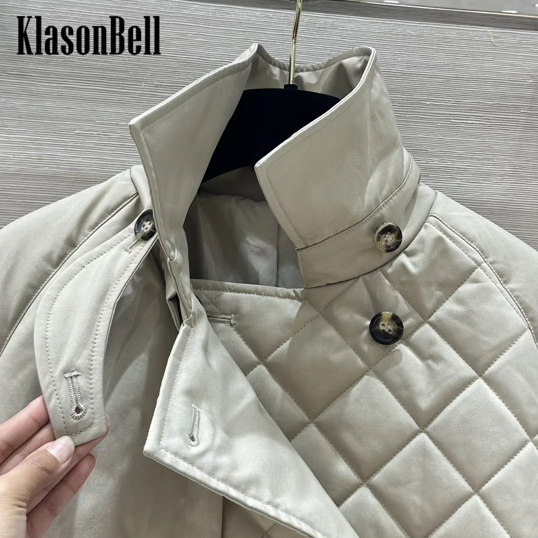 8.11 KlasonBell Women British Style Bead Chain Argyle Plaid Quilted Keep Warm Parkas Lapel Double Breasted Sashes Long Coat