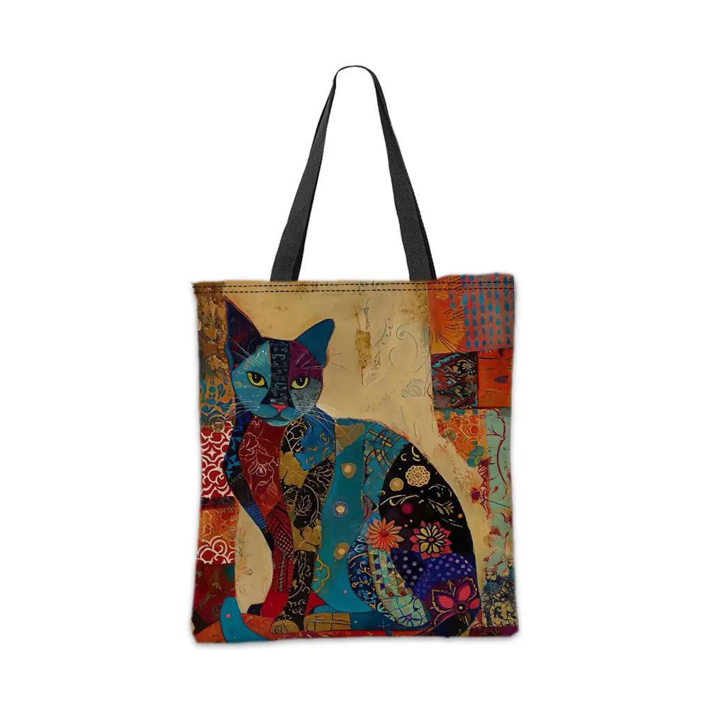 Schicke Retro-Blumen-Katze-Einkaufstasche, ethnischer Stil, Make-up-Tasche, Aufbewahrung, lässiges Einkaufen, Umhängetaschen, Damen-Handtasche, Kulturbeutel – Detail 8