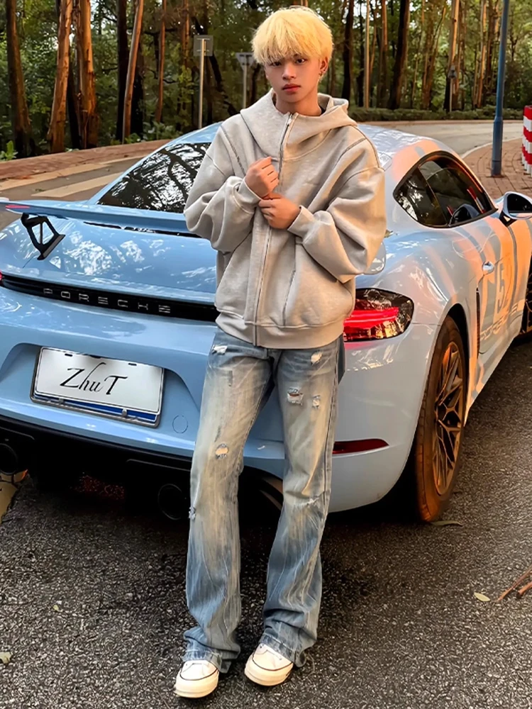 

Blue Lightning Pattern Hole Denim Jeans Men's American High Street Vibe CleanFit Slim Straight Leg Pants