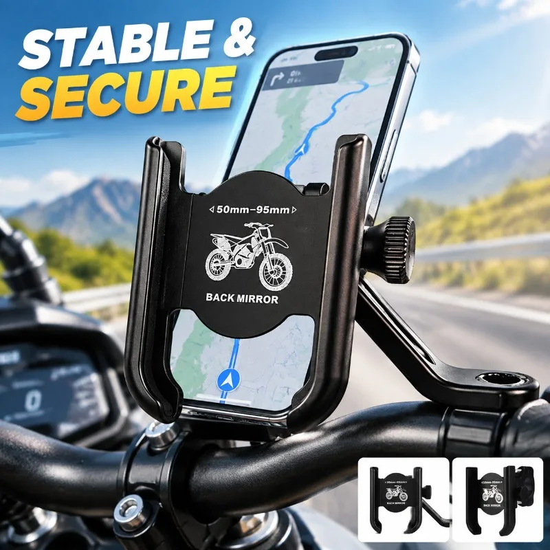Aluminum Alloy Motorcycle Phone Holder Shockproof Anti‑Vibration 360°Rotatable Handlebar Rearview Mount for E‑Bike Scooter