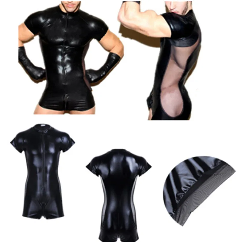 Mono Sexy de cuero de látex para hombre, mono de imitación de PU, disfraz de escenario exótico Zentai fetiche, lencería de peluche para club nocturno