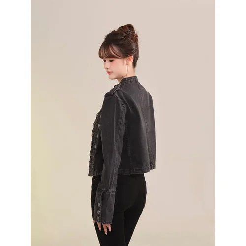 Imagen 2 del producto Chaqueta corta de inspiración militar vaquera Retro americana para mujer, abrigo informal de manga larga con cuello levantado para motocicleta