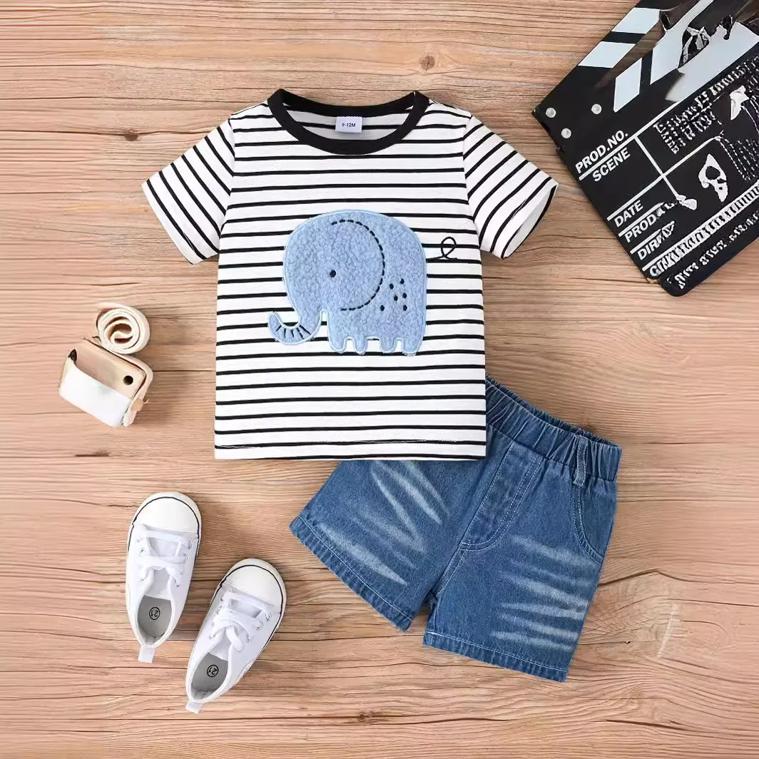 Baby and toddler boys and girls summer round neck striped short sleeved top+denim shorts set